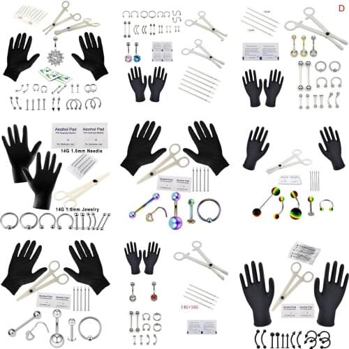 Body Piercing Kit With Needle Pack Nose Septum Belly Button Piercing Tool Kit Ear Tragus Nipple Eyebrow Labret Pircing Set Clamp