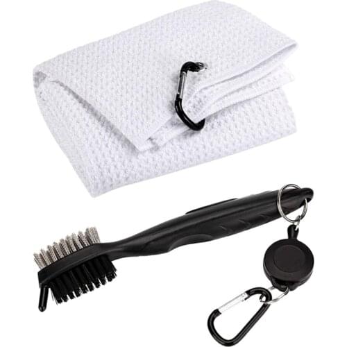 Portable Golf Club Cleaner Towel & Brush Set Retractable Golf Accessories