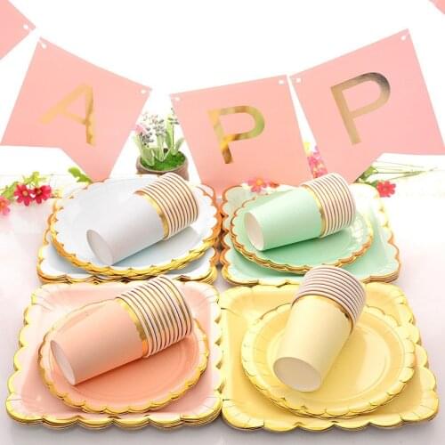 New Bronzing Solid Color Square Round Party Plate Dish Cup Banner Decoration Disposable Paper Cutlery with Gloden Edge