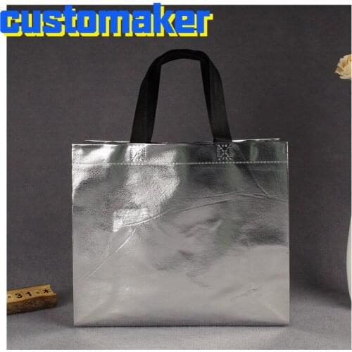 Wholesale 100pcs/lot 30x35x8cm Custom Silver Laser Lamination Non Woven Shopping Bags with Logo Printed Advertising Tote Bags