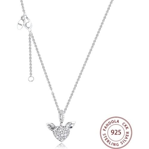 Pave Heart & Angel Wings Necklace 925 Sterling Silver Clear CZ Necklaces & Pendants for Women Elegant Fine Jewelry Gift