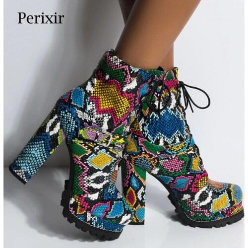 Perixir Women Platform Chunky Heeled Bootie Green Snake Skin Print Ankle Boots Winter Shoes Round Toe High Heel Sexy Ladies Shoe