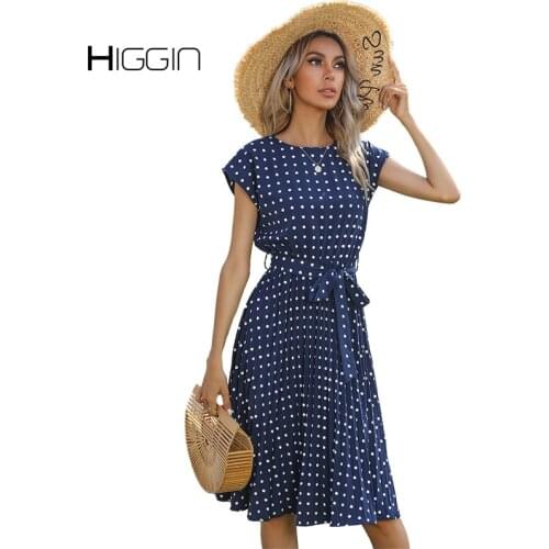 Summer Women Midi Dress Polka Dots Printing O-Neck Short Sleeve A-Line Dress Elegant Female Beach Dress Holiday For Party Club