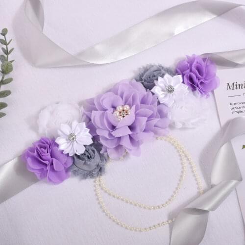 Purtulle Maternity Sash Women Lavender/Gray Flower Sash Pregnancy Belly Belt Bridal Ribbon Cummerbunds Wedding Dress Waist Belt