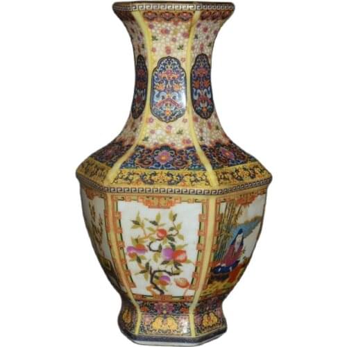 Early collection of Qing Dynasty Yongzheng enamel vase hexagonal flower and Bird Figure vase ornaments ornaments