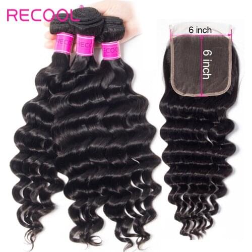 Recool Loose Deep Wave Bundles With Closure 3 Bundles With 6x6 Lace Closure Remy Brazilian Human Hair Weave Bundles With Closure