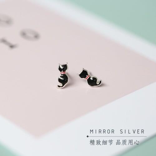 925 Sterling Silver Hand-Glazed Black Kitten Tail Back View Stud Earrings For Women Casual Style Girl Earings