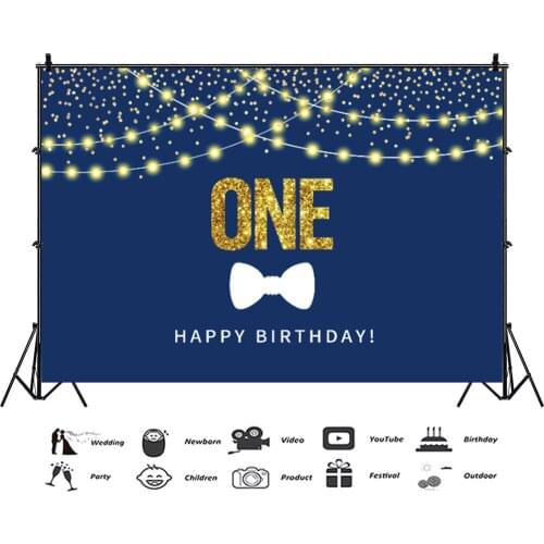 One Year Old Blue Hanging Lamp Bow Backdrops Artistic Photos Background Decorations for Kids Birthday Party Photography Props