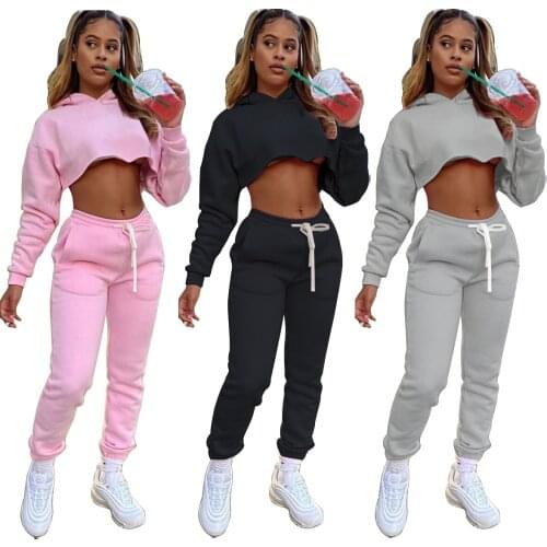 Casual Sports Two Pieces Outfits Women Tracksuits Solid Color Long Sleeve Hoodies Crop Top Joggers Pants Female Streetwear