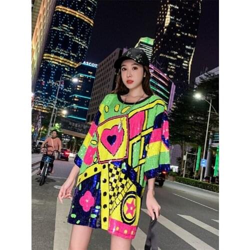 Street Ins Europe Punk Women Sequins T-shirts Geometric Designer Loose Colorful Half Sleeves Long Tee Dress Summer Autumn