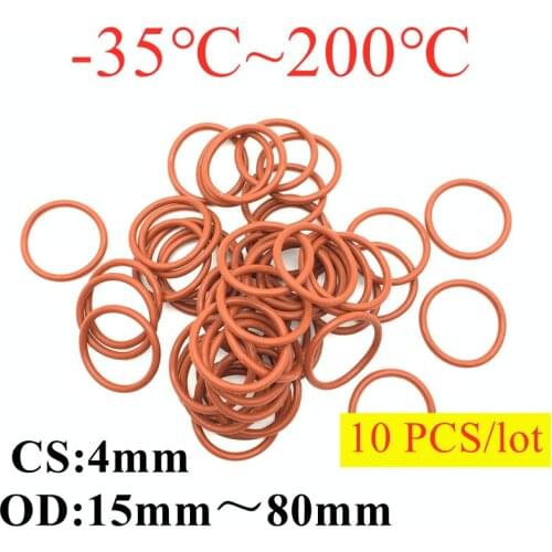 10pcs VMQ O Ring Seal Gasket Thickness CS 4mm OD 15 ~ 80mm Silicone Rubber Insulated Waterproof Washer Round Shape Nontoxic Red