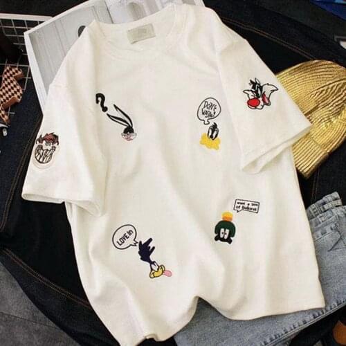 QRWR T Shirt 2021 Summer Korean Fashion Casual Solid Color Womens T Shirts O Neck Loose Embroidery Short Sleeves Women Top