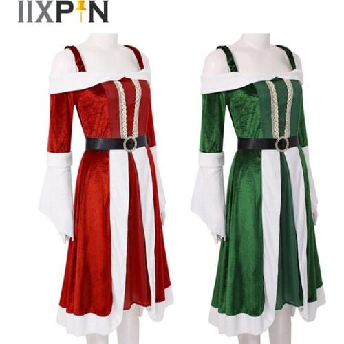 Winter Woman Christmas Cosplay Costumes Mrs Miss Santa Claus Fancy Party Dress Warm Long Flared Sleeves Dresses with Belt