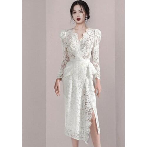 Menahem White Elegant Lace Slit Midi Dress 2021 Summer Women Long Sleeve V-Neck Floral Crochet Hollow Out Solid Draped Vestidos