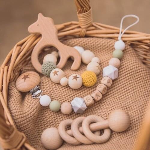 3pc/set Baby Teethers Bpa Free Personalized Name Pacifier Chain Clips Wooden Rattle Beech Bracelet Rodent Nipple Soother Chains