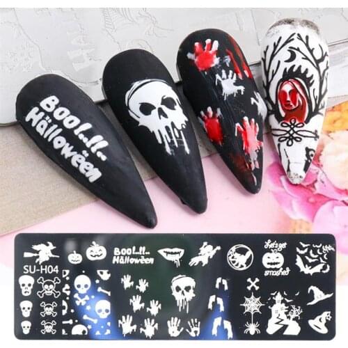 6Pcs Halloween Nail Stamp Plates Set Stainless Steel Spider Webs Pumpkins Bats Head Bone Image Stamp Templates DIY Print