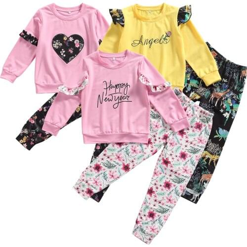 Infant Kids Baby Girls Long Sleeve + Trousers, Happy New Year Flower Print Ruffle Decoration Spring Clothing 2021 New Fashion