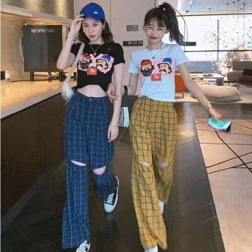 Wide Leg Pants Womens Hot Sale Summer High Waist All-match Teens Streetwear Ins Trendy Harajuku Plaid Womens Trouser Plus Size