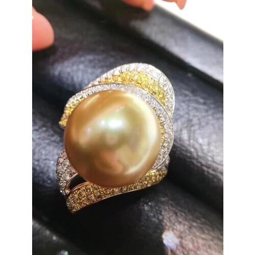 D524 Pearl Ring Fine Jewelry 925 Sterling Silver Round 11-12mm Nature Fresh Water Golden Pearls Rings for Women Presents