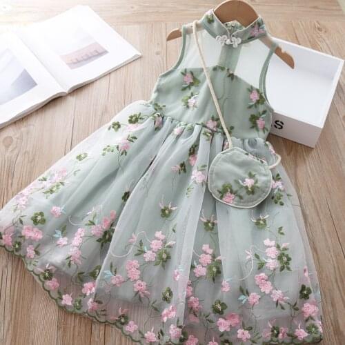 Kids Clothes Toddler Girl Dresses Girls Dress Summer Embroidered Flower Mesh Sleeveless Dress with Bag Little Girls Costume