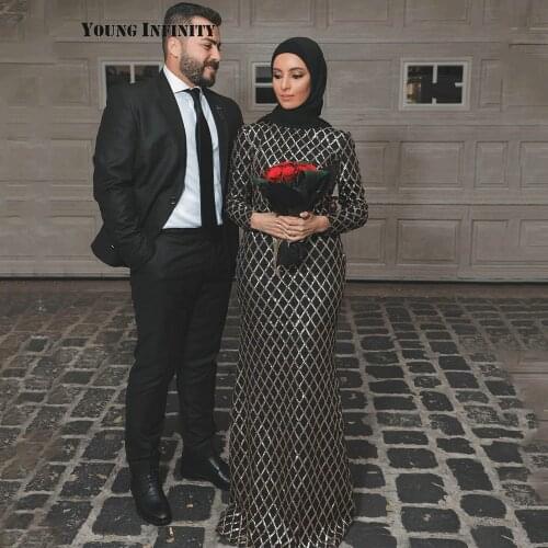 Elegant Long Sleeves Black Mermaid Evening Dress 2020 Sparkly Formal Arab Style Party Gown Muslim Gala Gown Long Prom Dress