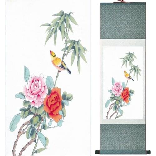Chinese ink painting Traditional Birds and flower Painting Spring Ink wash painting silk scroll birds and flower painting
