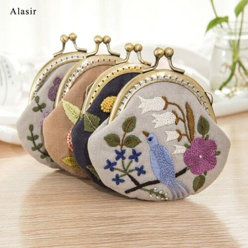 Alasir Diy Coin Purse Embroidery Flower Cotton Mini Wallets Lady Mini Money Bag Cloth Material Package Handmade Gift Canvas