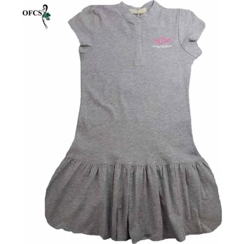 Best Seller 4-10 Years Old Girls Dress New Kids Summer Birthday Cotton Lovely Princess Dresses Pure Color Red & Gray Cheap Dress