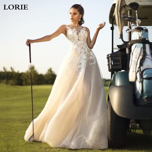 LORIE Light Champagne Lace Boho Wedding Dress A Line Sleeveless Appliqued Lace Bride Dresses With Buttons Back