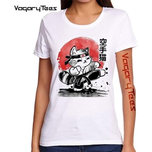 Fashion Women Casual Streetwear Funny Karate Cat Cartoon Print T-Shirt Casual White Tops Hip Hop Female Classic T-Shirt