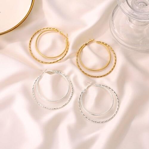 Fashion Gold/Silver Color Hoop Earrings Double Circle For Women Wedding Party Club Simple Statement Jewelry Gift,1Piece