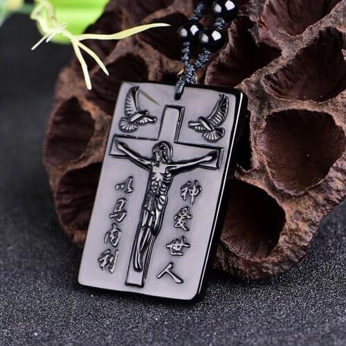 Natural Obsidian Cross Jesus Christ Pendants Jewelry Fine Jewelry Lucky Safety Amulet Pendant Christmas Jewelry