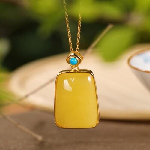 Natural S925 sterling silver gilt amber turquoise lucky temperament pendants pendant gold necklace luxury