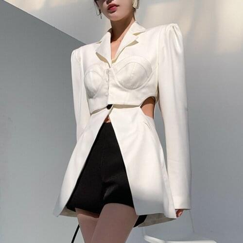 Fall Women Jackets 2021 New Shoulder Pads Tunic Waist White Blazer Coat Corset Stitching Hollow Out Fashion Pure Female Suit