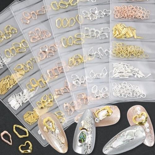 1 pack Hollow metal Rivet Nail Art Decoration Studs Mixed Stripes Irregular Gold Silver Bar Designs DIY 3D Charms Accessories