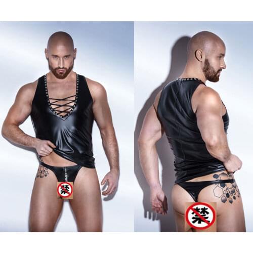 SEXY PVC MEN T SHIRT EROTIC GIMP GAY VEST & THONG SUSPENDERS FETISH CLUBWEAR PARTY FANCY DRESS Outfit X6709