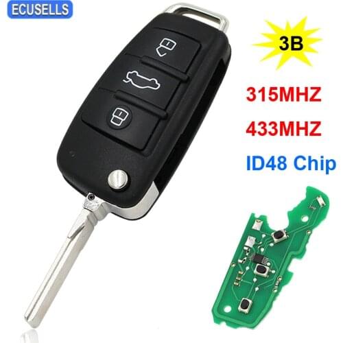 Folding Flip 3 Button Remote Car Key Fob 315MHz or 433Mhz ID48 Chip for Audi A3 TT 8P0 837 220 G/D with HU66 Uncut Blade