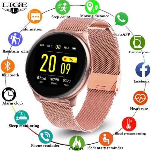 LIGE Smart Wristbands Alarm Clock Remind Blood Pressure Heart Rate Monitor Fitness Tracker Women Smart Watch for iOS Android