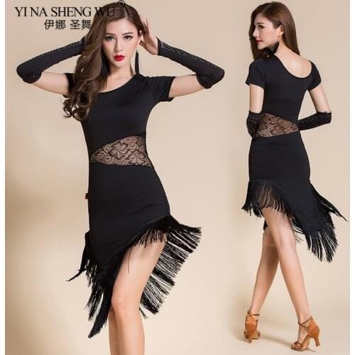 Girls Kids Adult Modern Ballroom Latin Dance Dress Tassel Fringe Salsa Tango Dance Wear Black Performance Stage Wear