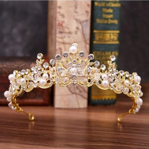 Top Quality Gold Pearl Wedding Bridal Bridesmaid Flower Girls white plated tiara crown / headband For Prom Party