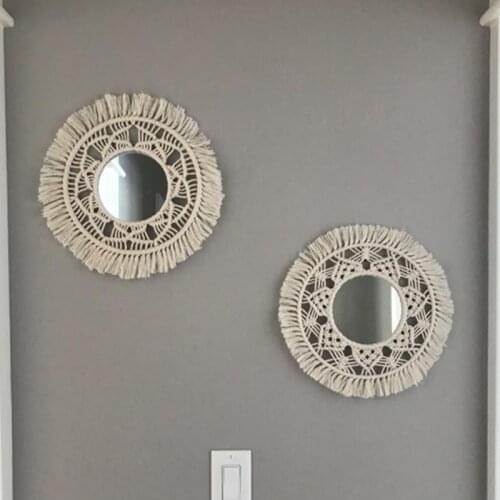 2 Pcs Set Bohemian Wall Decor Mirror Hand Made Makeup Mirror Macrame Tapestry Wall for Living Room Farmhouse Espejos De Pared