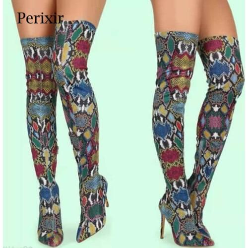 Perixir Women Over The Knee Boots Sexy Thin High Snake Print Stretch Fabrics Boots High Heel Slip on Shoes Pointed Toe Long Boot