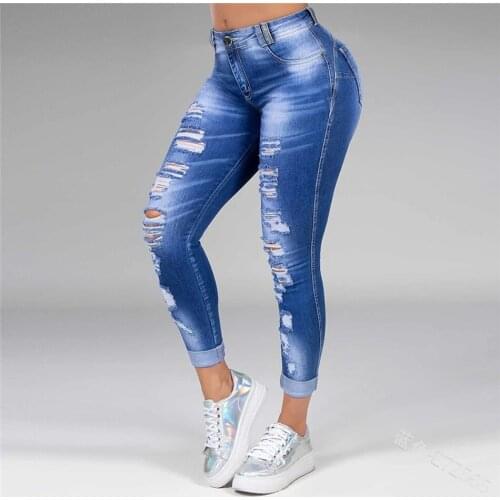 Women High Waist Skinny Jeans Sexy Ripped Strech Pencil Pants Fashion Streetwear Distressed Slim Blue Denim Trousers Plus Size