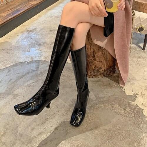 2021 Retro Square Toe Genuine Leather Women Shoes Autumn Winter Keep Warm Thin High Heel Fashion Knee High Boots Size 34-40
