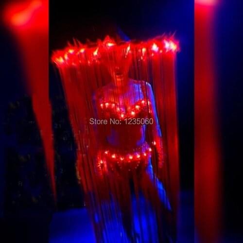 Nightclub Female Models Show Led Luminous Bikini Suit With Hat Chinese Style Led Light Tassels Red Headdress Ballroom Costumes