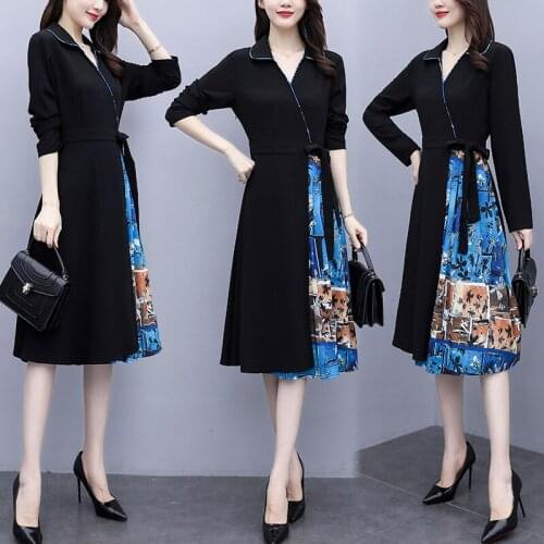 Womens Floral Patchwork Business Dress Long Sleeve V-Neck Black Party Cocktail Slim Casual Office Ladies Work Wear Loose Dresses