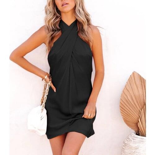 2021Bodycon Solid Women Halter Neck Backless Bandage Sleeveless Sexy Boho Mini Dresses Womens Dress Cross Halter Summer Dress