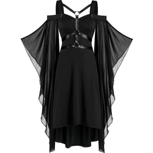 2021 Women Gothic Dress Plus Size Cool Solid Black Criss Cross Lace Insert Butterfly Sleeve Party Punk Dresses for Female #40