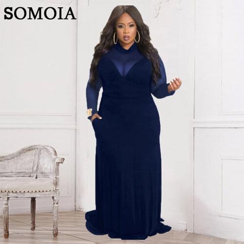 Plus Size Party Dress for Women Evening Temperament Mesh Patchwork Maxi Dresses Turtleneck Stretch Prom Dress Wholesale Items