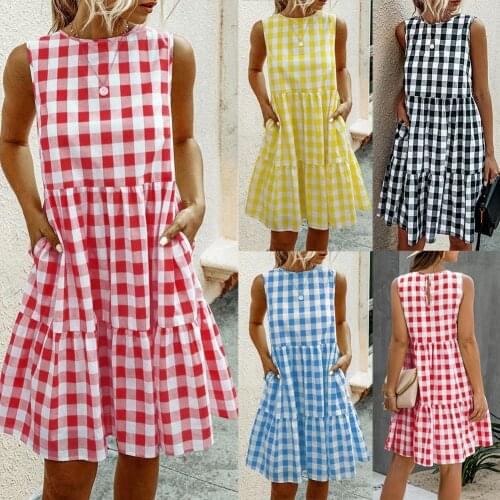 Dropshipping Women Vintage Summer O Neck Sleeveless Plaid Pockets Knee-length A Line Dress
